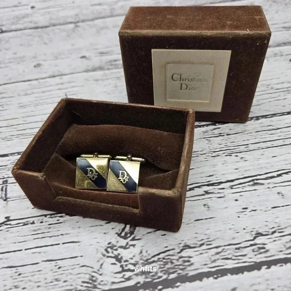 Christian Dior Gold and Navy Blue Logo Cufflinks Vintage with Box - Picture 1 of 3
